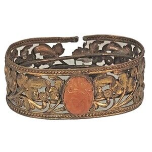 Antique Victorian Coral Cameo Bracelet Bangle Filigree Gold Tone Orange Stone